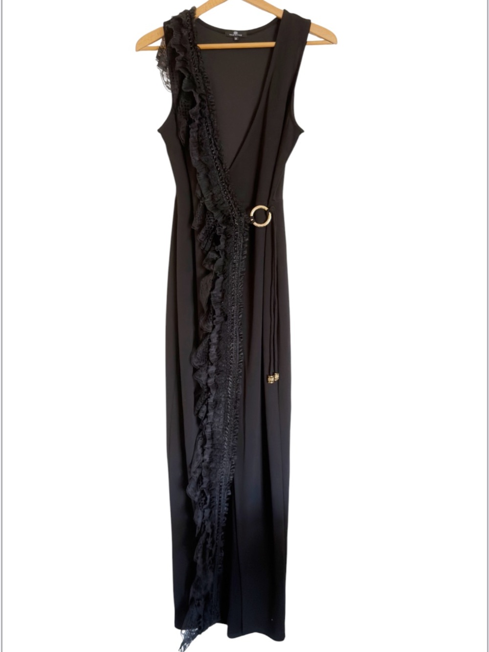Valentine Black Lace Trim Wrap Effect Sleeveless Evening Party Maxi Dress size M